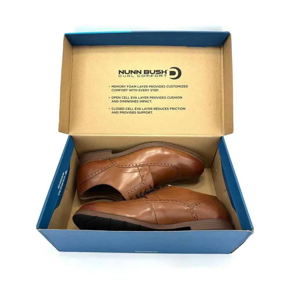 Nunn Bush Men Derby Shoes Sz 11W Cognac Leather Cushioned Brogue Wingtip Toe New